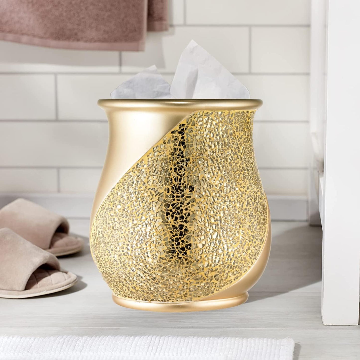 Zahari Home 2pc Sinatra Modern Bath Accessories Set Waste Basket & Tissue Box Champagne Gold Modern Decorative Beautiful Designs Bathroom Decor Set for Home Luxury Bath Set Mosaic Glass