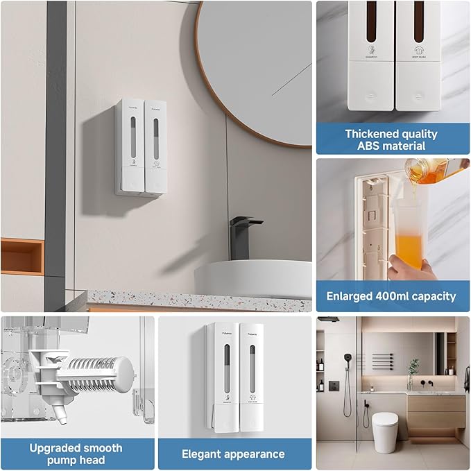 1984 Shampoo and Conditioner Dispenser Wall Mount Shower Dispenser 2 Chamber No Drill Bathroom Set Shampoo Dispenser for Shower Wall Home Hotel 400ml x 2 White