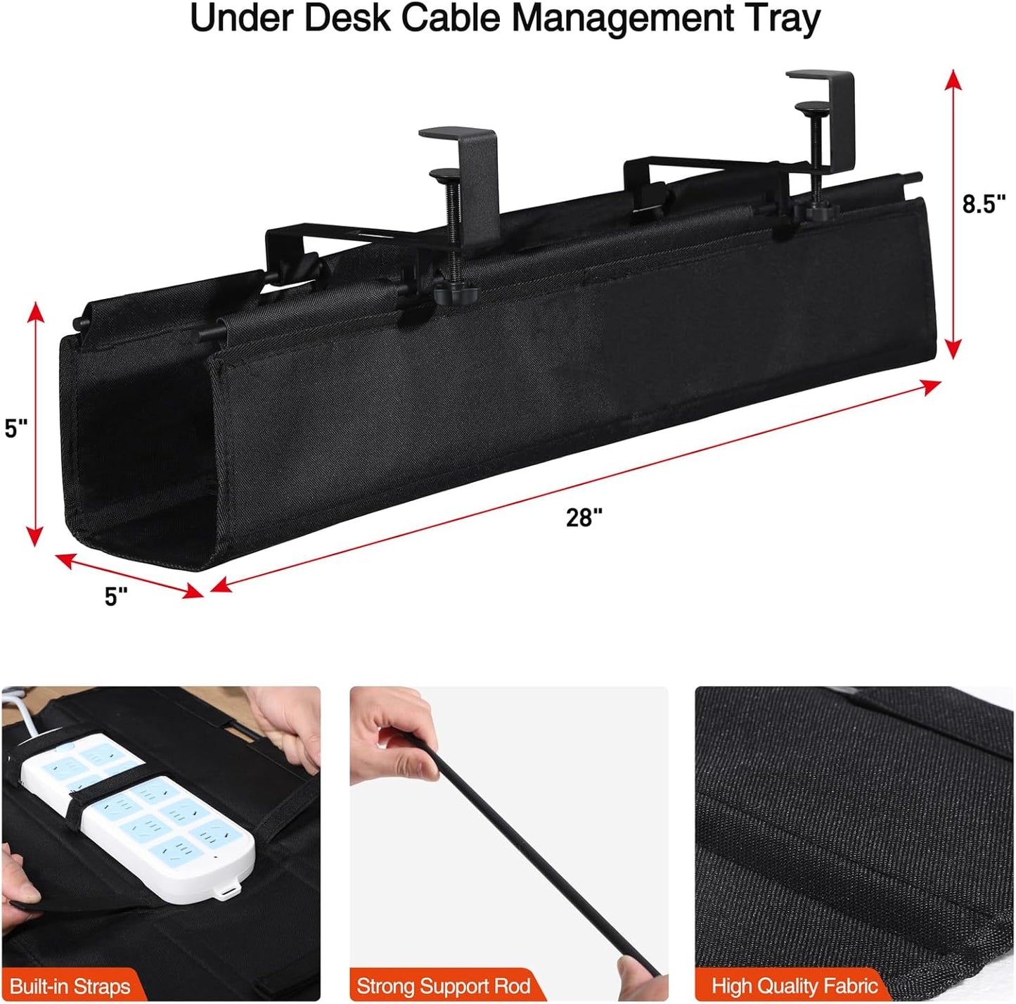 MAXECHO Under Desk Cable Management Tray 28" - Clamp on Wire and Cable Organizer for Storage and to Hide Cords - Ideal for Home Office - Premium Black Fabric Design