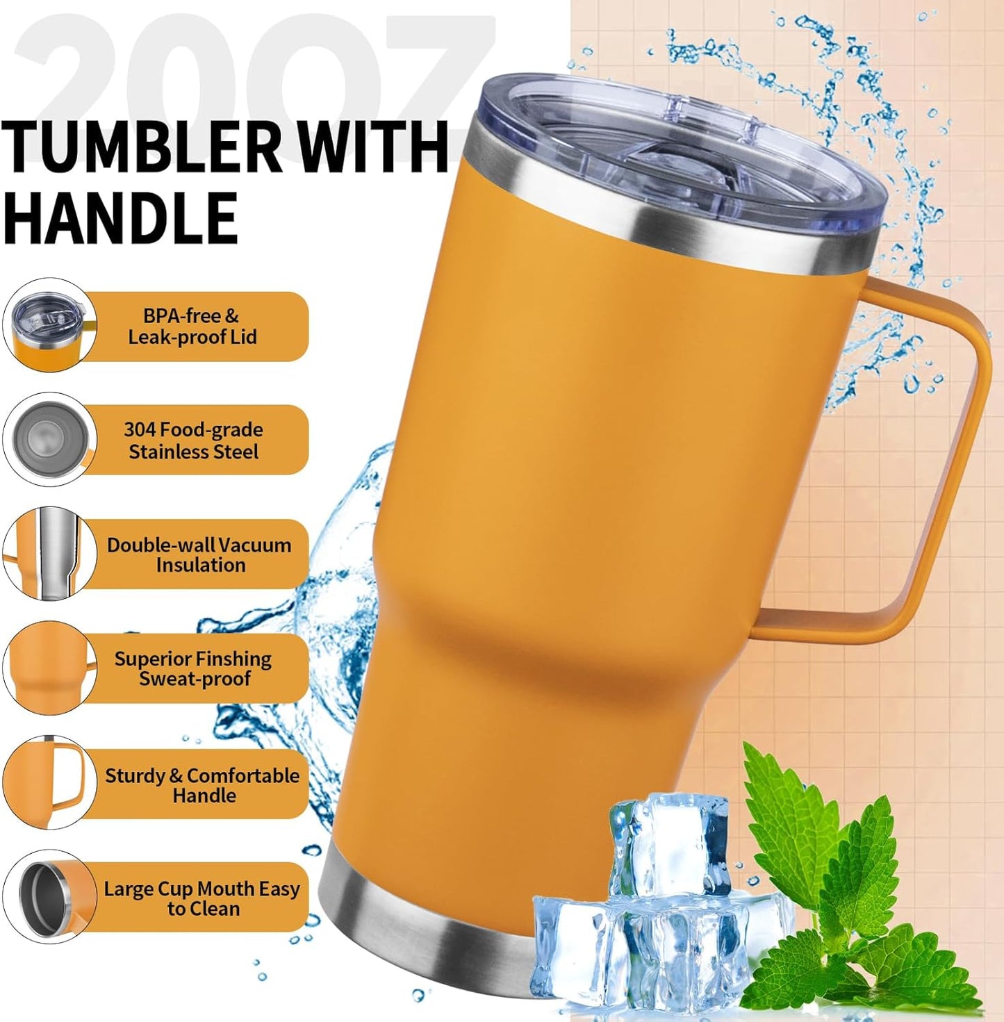 20oz Insulated Tumbler with Handle Stainless Steel Travel Coffee Mug with Lid and Straw Double Wall Vacuum Leak-proof Reusable Thermal Water Cup for Hot and Cold Drinks (Multicolor-9,6 Pack)