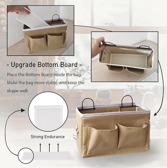 2pcs Middle Wall Hanging Organizer Bag, Linen Fabric Door Hanging Storage Basket with Pockets, Waterproof Bin for Kitchen, Bedroom, Office, RV Camper (Khaki)