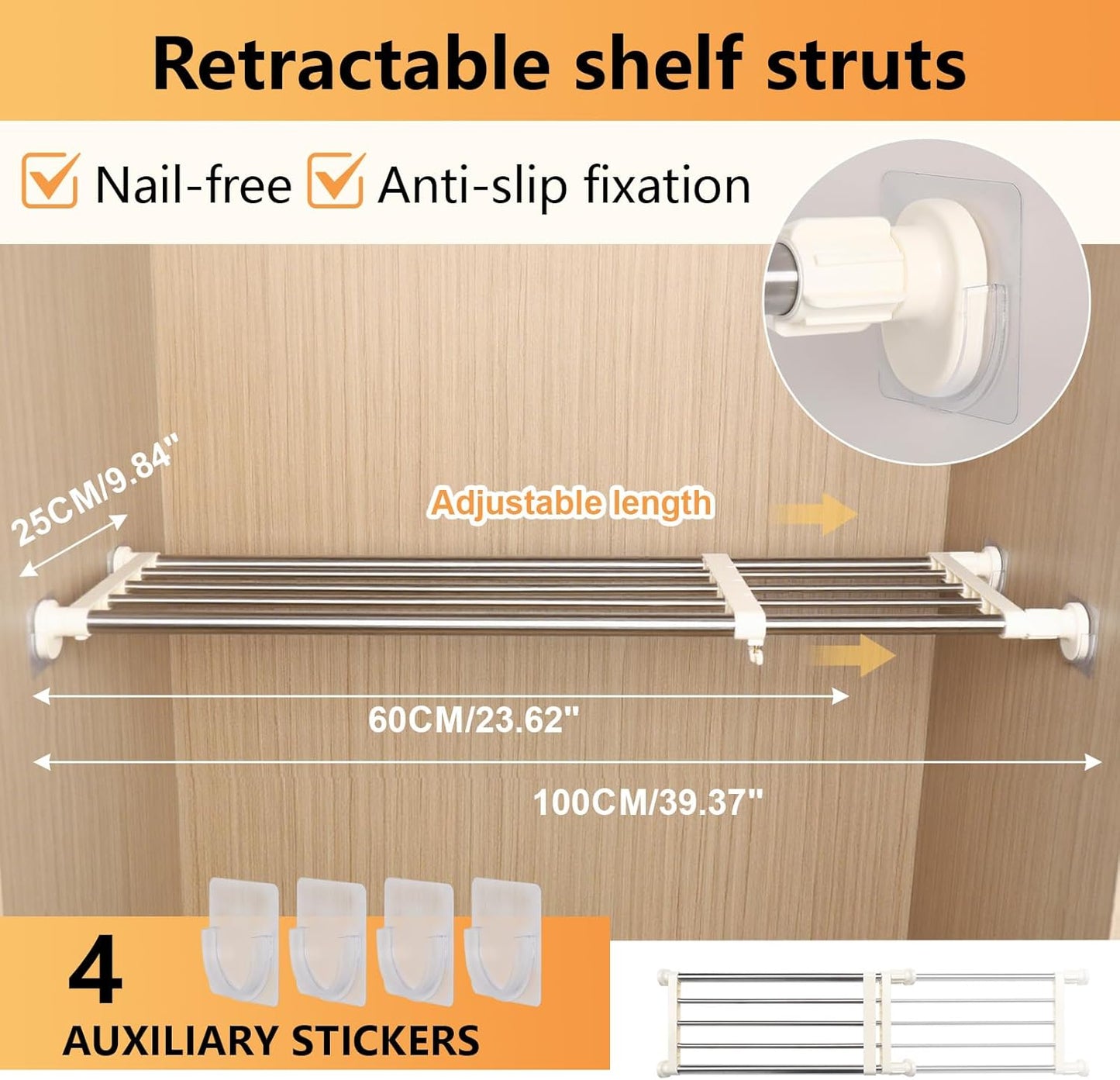 BAOYOUNI Tension Closet Shelf, Adjustable Storage Rack Separator Wardrobe Cupboard Divider Organizer Rod for Kitchen Bathroom Bedroom, 23.62-39.37 Inch