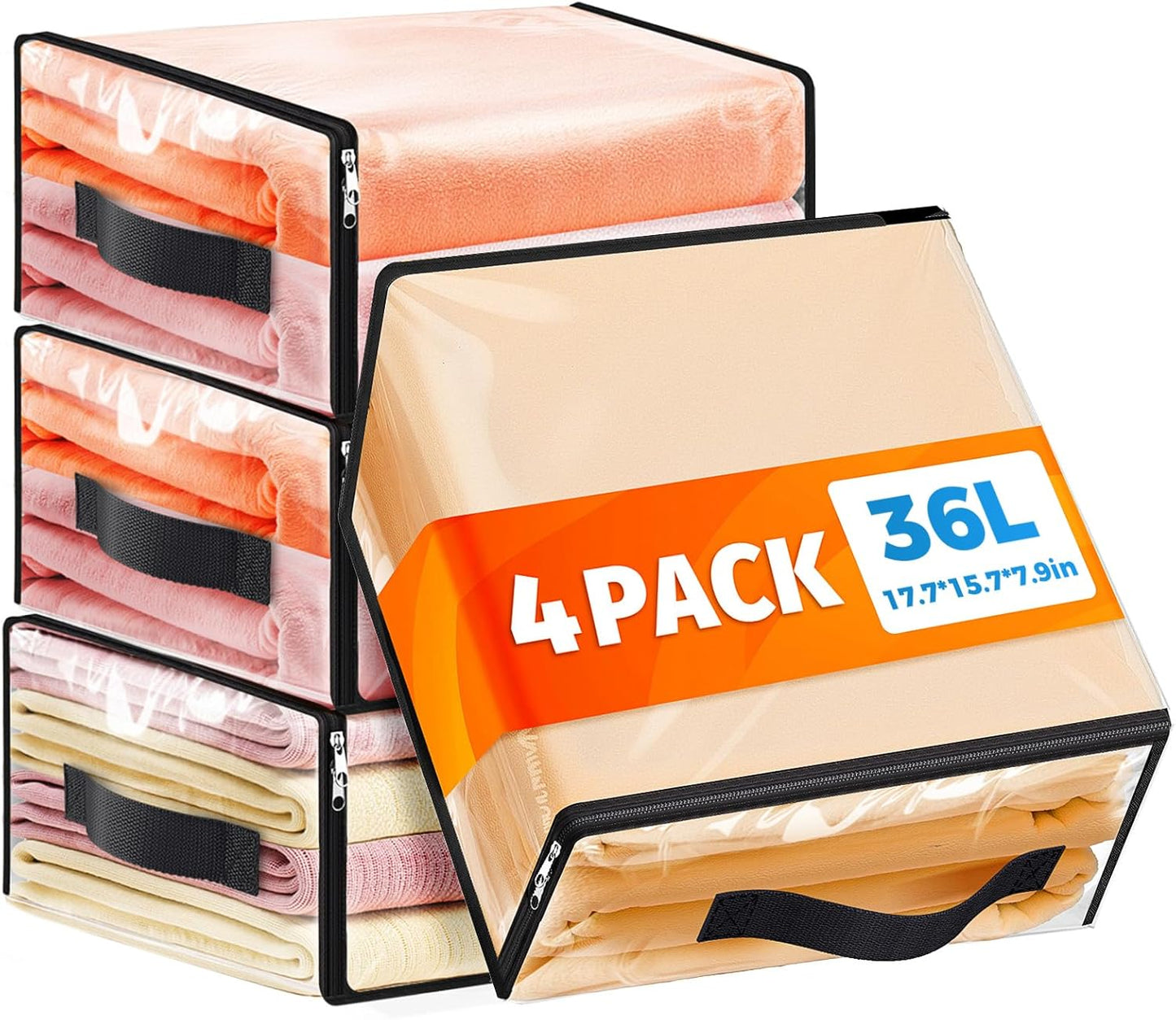 SpaceWhisper 4 Pack Clear Storage Bags, Plastic Blanket Storage Bags with Zipper and Handle, Moving Bags for Comforter, Bedding & Clothes, Closet Organizer and Under Bed Storage (17.7x15.7x7.9 Inch)