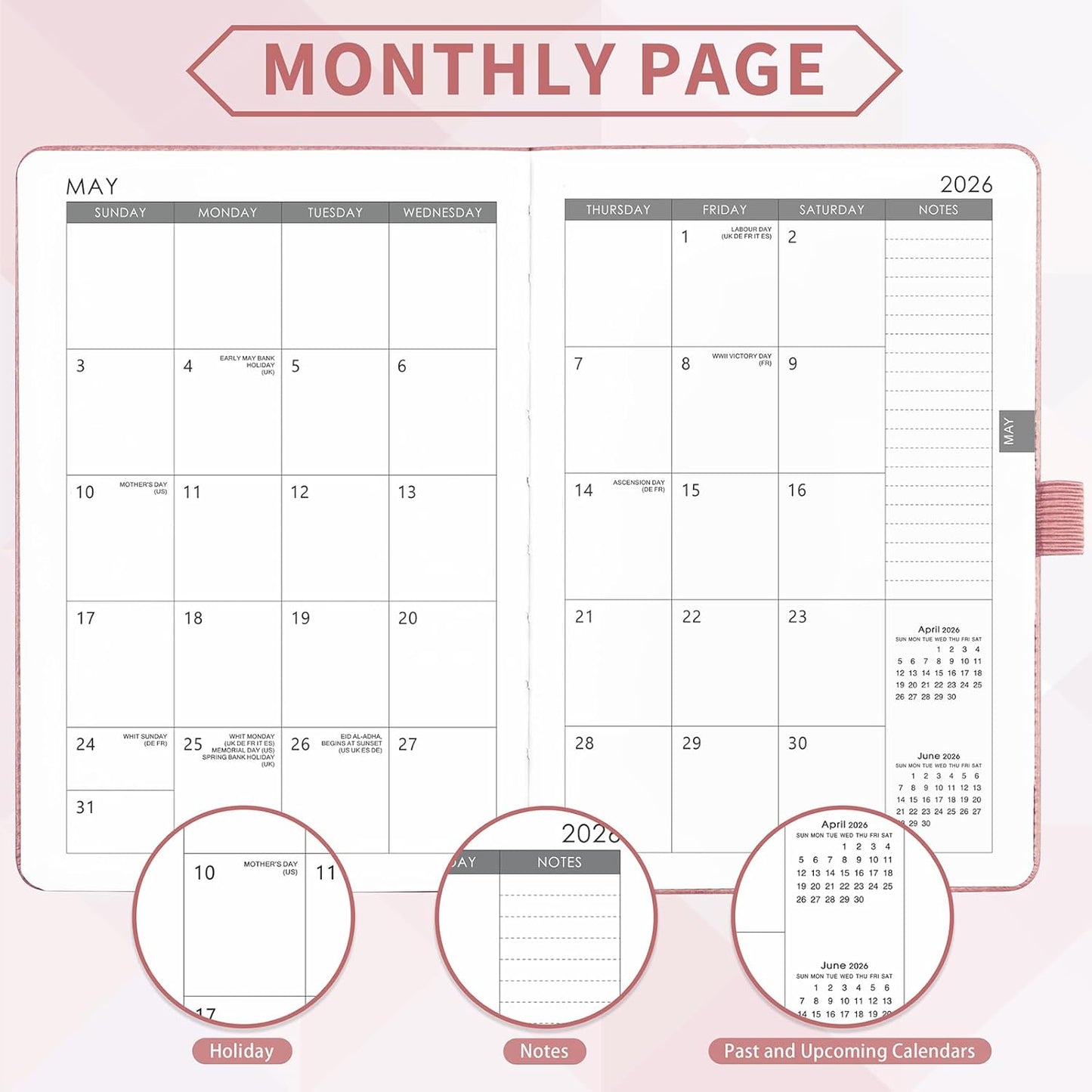 2026 Planner - Planner 2026, 2026 Weekly Monthly Planner, Jan.2026 - Dec.2026, 5.7'' x 8.4'', Thick Paper, Leather Cover, Pen Holder, Back Pocket, Bookmarks, Perfect Daily Organizer - Rose Gold