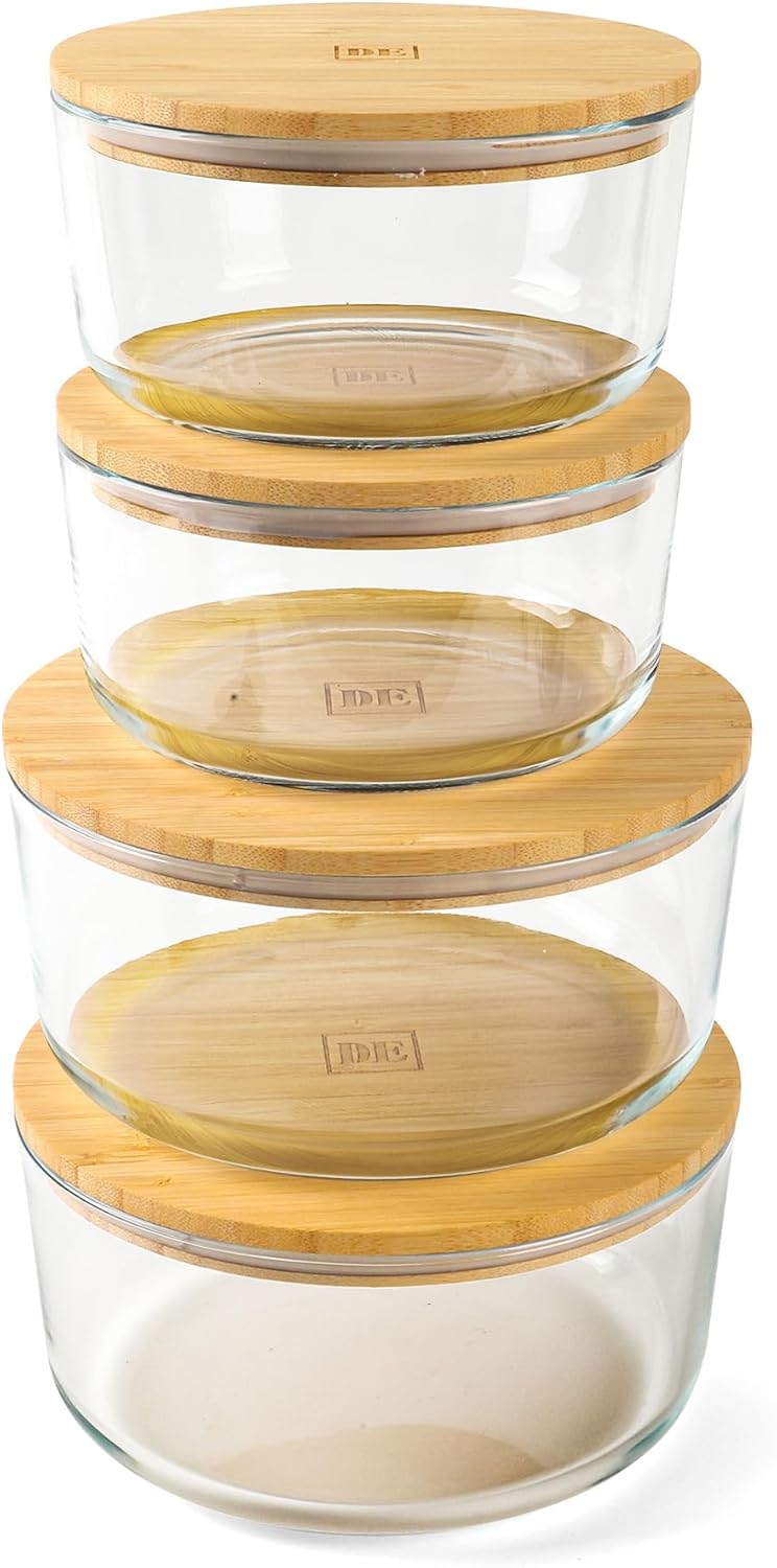 DE Glass Food Storage Containers with Bamboo Lids – 4 Pack Round (2x33oz + 2x60oz) – BPA-Free Borosilicate Glass Meal Prep Containers – Plastic-Free, Oven, Microwave, Freezer Safe