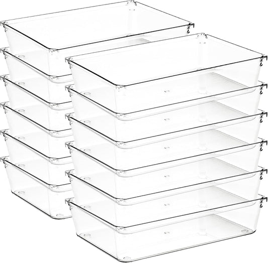 12 Pack Drawer Organizer - 6" X 9" Clear Acrylic Storage Bins with Non-Slip Pads, Versatile Desk Tray for Makeup, Jewelry, Kitchen, Bathroom, and Office Organization