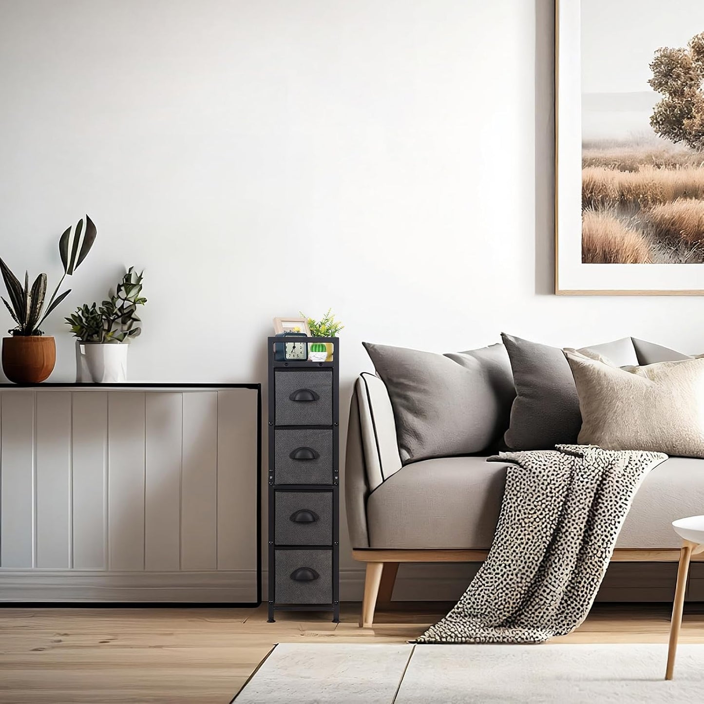 HAITRAL Narrow Dresser - 4 Drawers Slim Fabric Storage Cabinet - Vertical Standing Storage Chest - Gaps Tower Organizer with Removable Drawers and Wooden top for Laundry,Closet,Living Room,Entryway