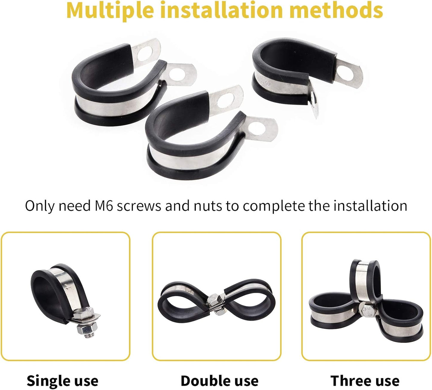 60pcs Wire Clamps Assortment Kit, Stainless Steel 304 Rubber Cushion Cable Clamps Assorted in 7 Sizes 1/4'' 5/16'' 3/8'' 1/2'' 5/8'' 3/4'' 1'', Pipe Clamp Set for wiring, lines and hoses