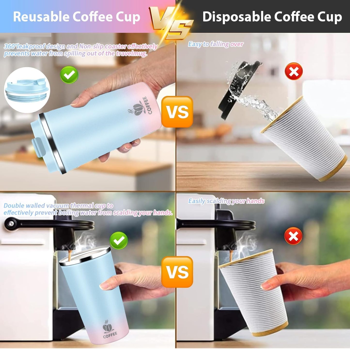 Insulated Travel Coffee Mug Reusable Coffee Tumbler Cup with Flip Lid Leak Proof Spill Proof for Office School Party Camping Hot and Cold Drink,Stainless Steel 17oz (Light Blue)