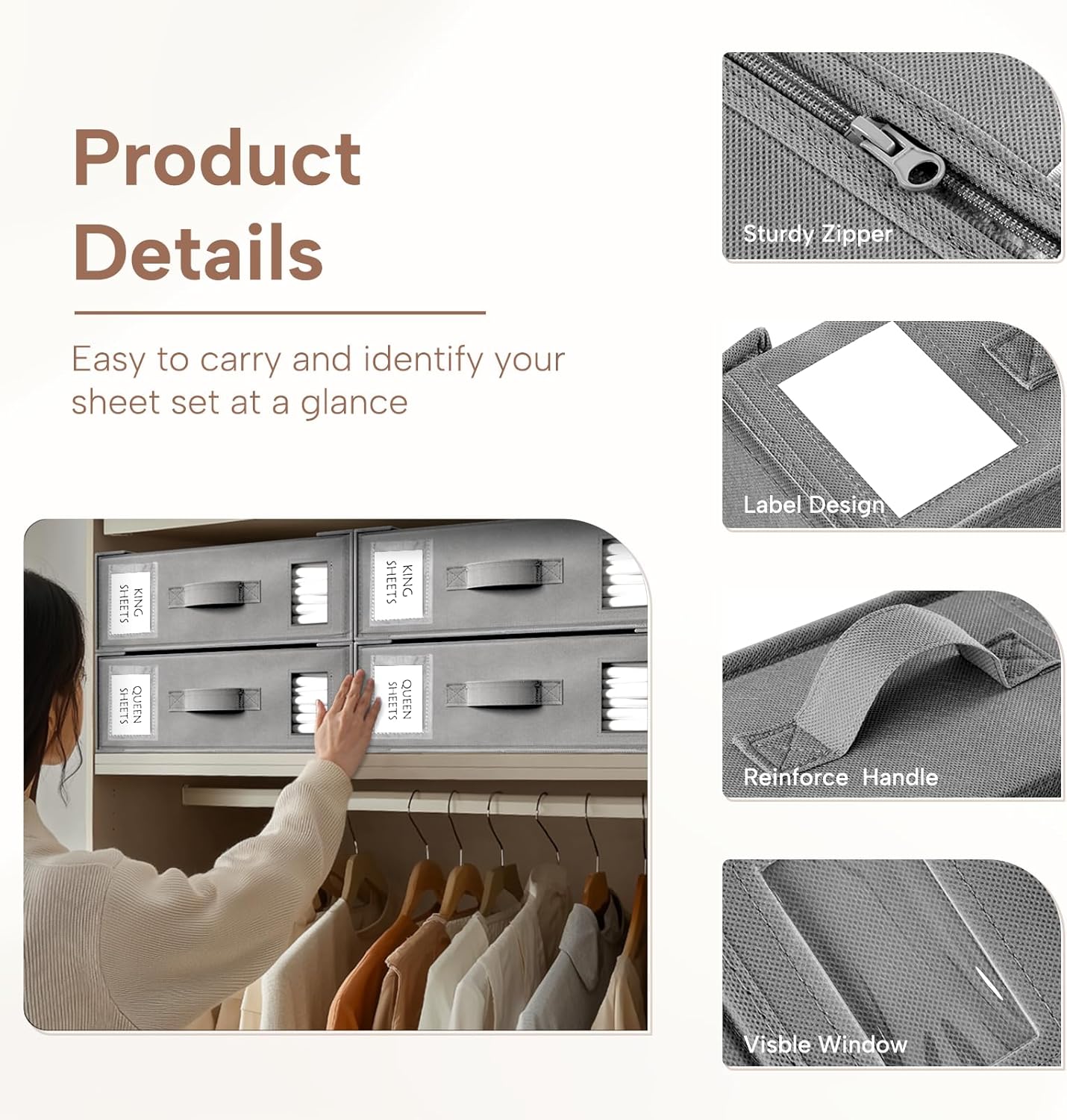 Criusia Bed Sheet Organizers and Storage, 4 Pack Foldable Linen Closet Organizers – Bedding Holder for Sheet Set (King/Queen Sizes), Duvet Covers, Blankets (Grey)