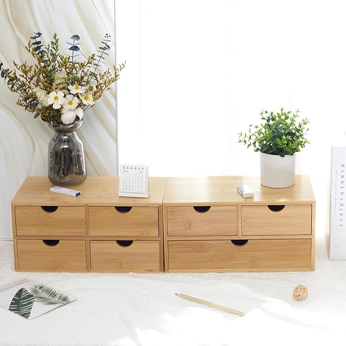 Bamboo Desk Organizer 4 Drawers, Countertop Organizer with Drawers Makeup Storage Drawer 4 Drawers Tabletop Storage Organization Box Home Office Workspace