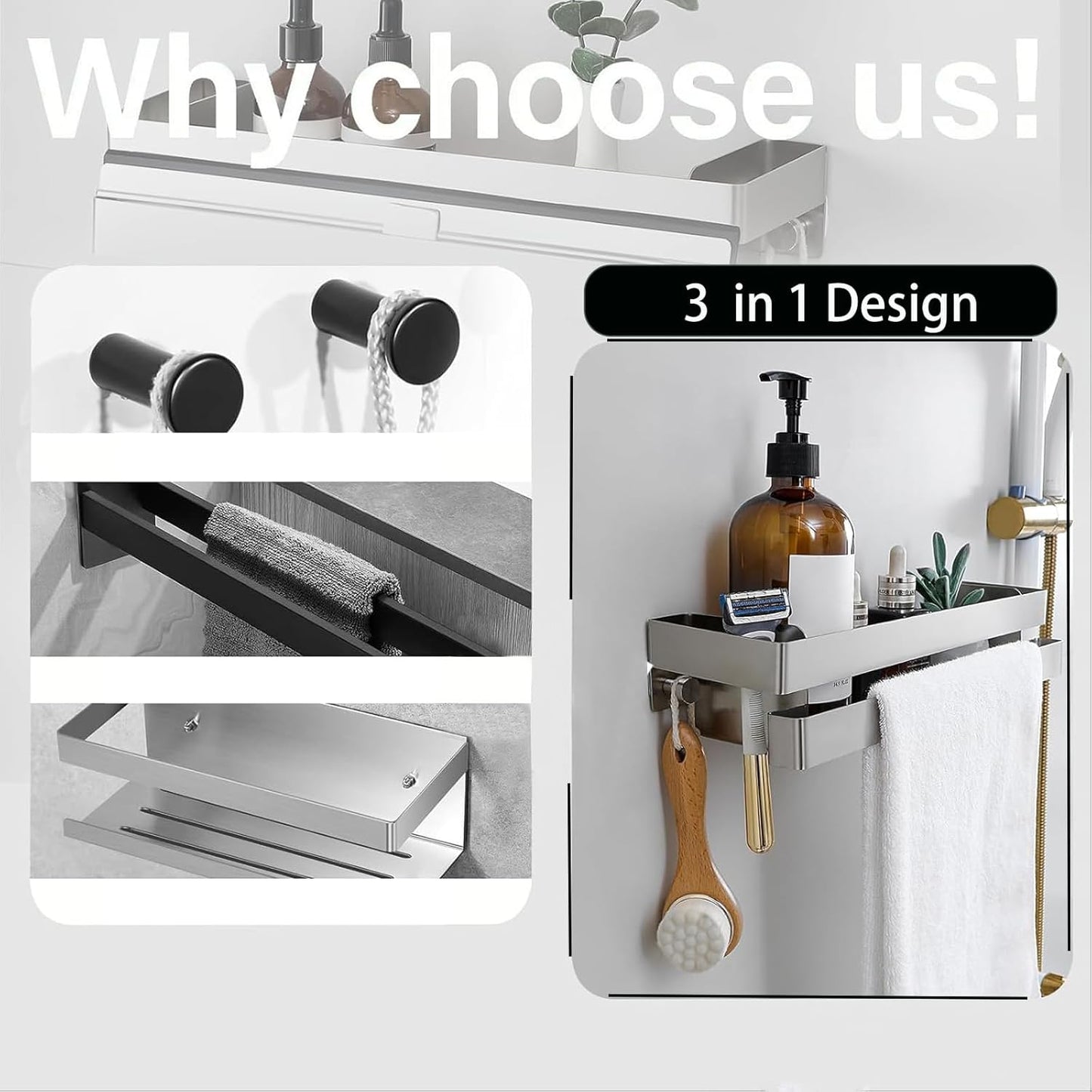 No Drilling Shower Caddy Rustproof Bathroom Organizers and Storage Large丨Wall-Mounted Shelves丨Stainless Steel Shower Rack for Bathroom Decor & Storage - Silver