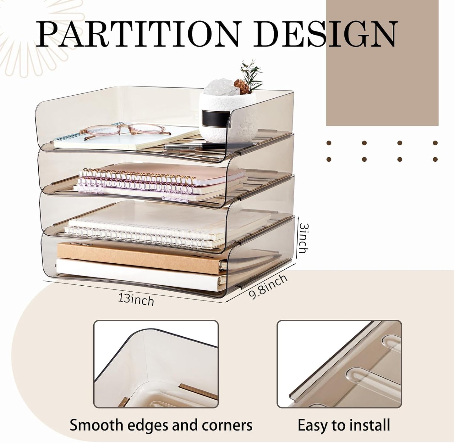 Harloon 4 Tier Acrylic Paper Tray 13 x 9.8 x 3 Inches Stackable Letter Clear Organizer No Need to Assemble Acrylic Paper Organizer File Tray for Office Workspace Desktop Storage (Transparent Gray)