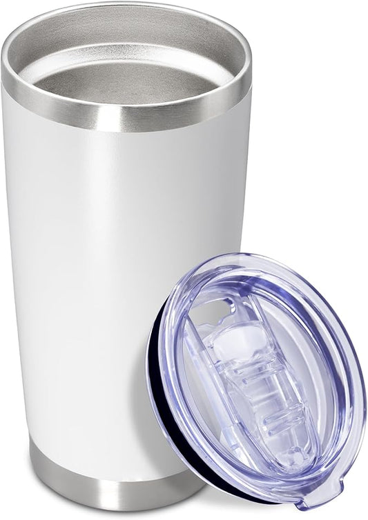 20 oz Tumbler Coffee Travel Tumblers Bulk with Lid Stainless Steel Double Wall Vacuum Insulated Mug Powder Coated Cups fit Car Cupholder for Hot and Cold - White, 1Pack