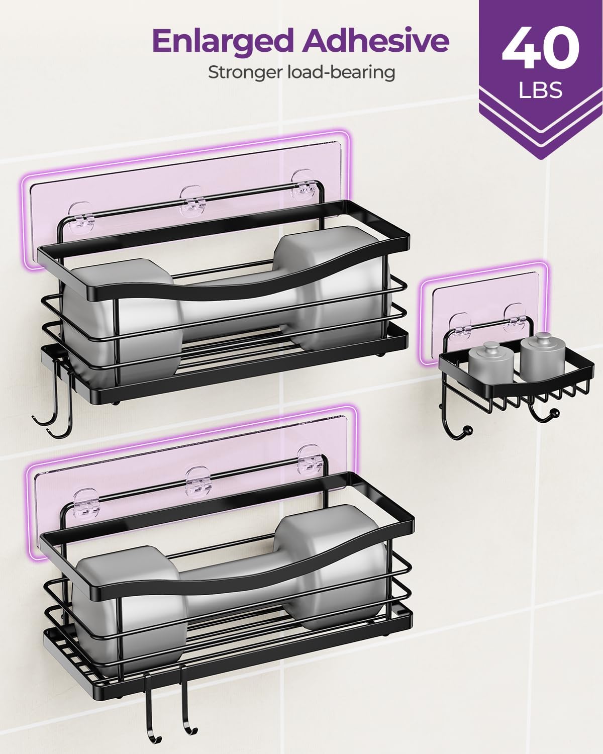 ODesign Shower Caddy 3 Pack-Shower Organizer Shelves Rack Rustproof SUS304 Stainless Steel for Bathroom Storage&Kitchen-No Drilling Adhesive Shower Caddy Shelf with 4 Hooks Suction Cup-Black