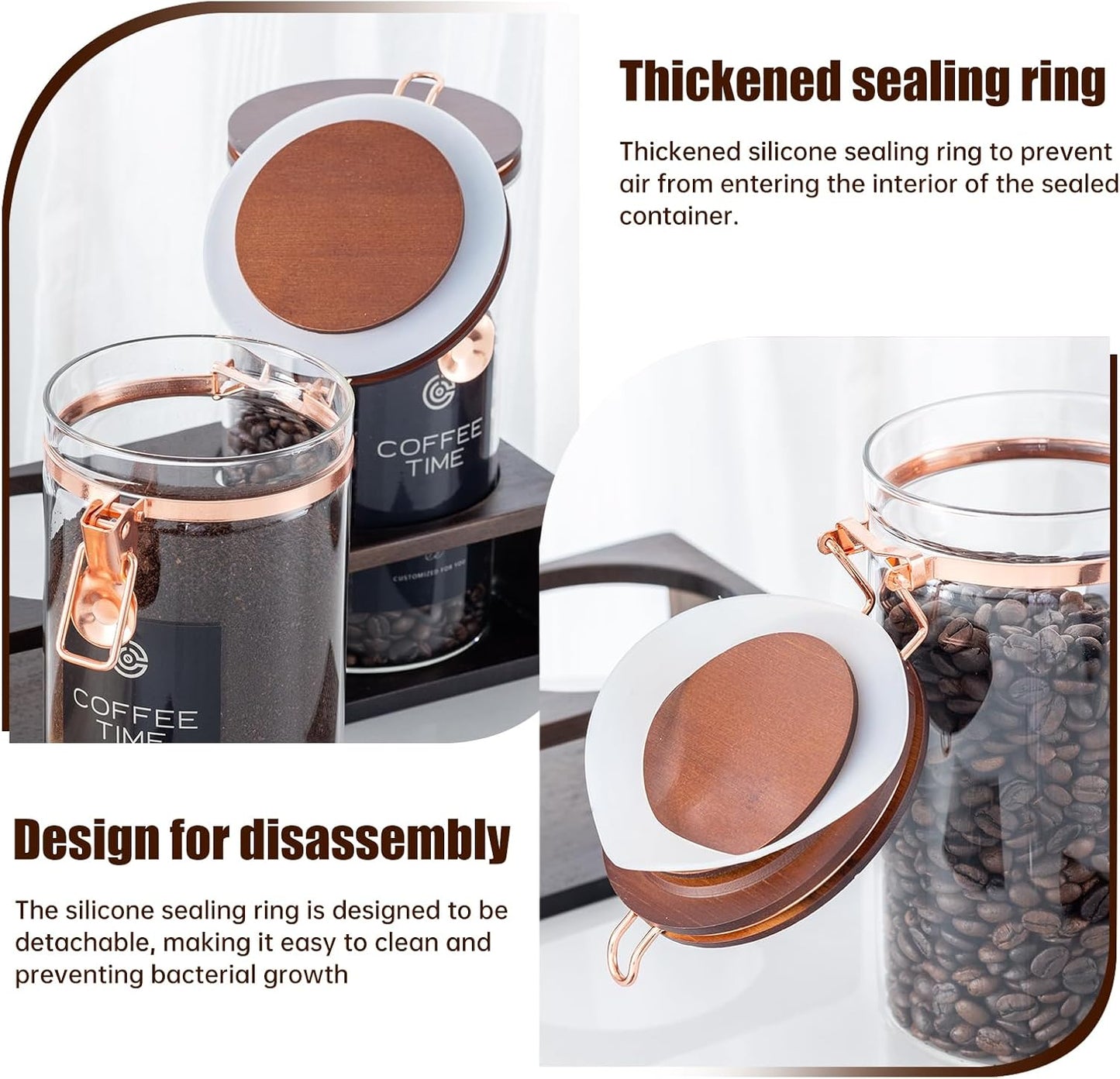 Glass Coffee Canister Set with Shelf and Spoon, Set of 2 Coffee Containers for Storing Ground Coffee Beans, Sealed, Coffee Bar Coffee Filter Holder