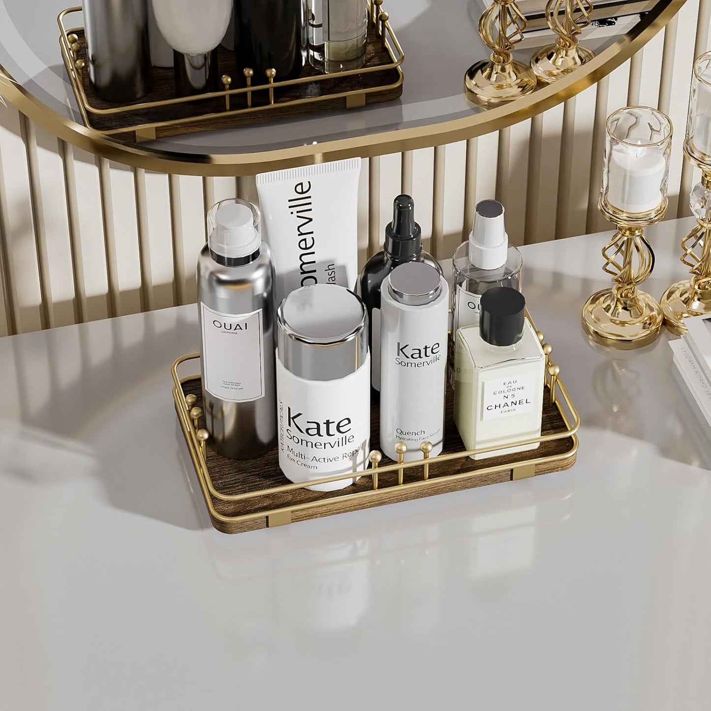 Bathroom Vanity Tray for Toiletries Makeup Perfume Candle Toilet Tank, Kitchen Tray for Soap Dispenser Spice Salt, Small Tray for Countertop Decor Coffee Nightstand 7.9”x4.4” Brown-Gold