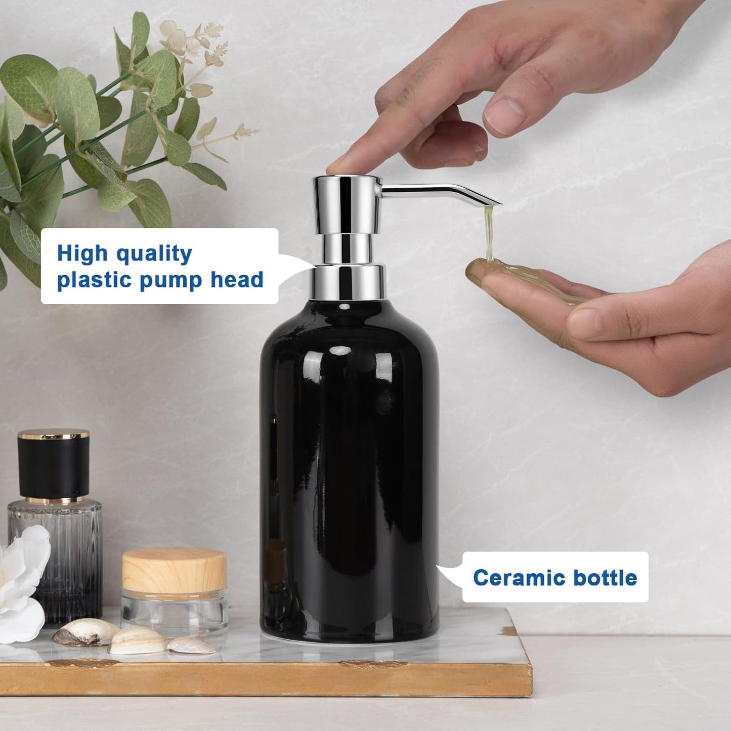 Ceramic Black Soap Dispenser Bathroom, 2 Pcs 16.9oz Hand Soap Dispenser for Kitchen, Hotel