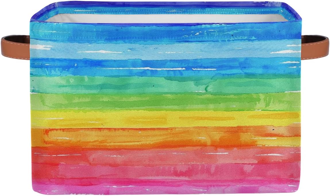 Watercolor Rainbow Storage Basket for Shelves, Storage Bins with Handles, Collapsible Basket for Organizing, Closet Toy Baskets for Nursery Room, 15x11x9.5 in, Canvas, Rainbow Colored