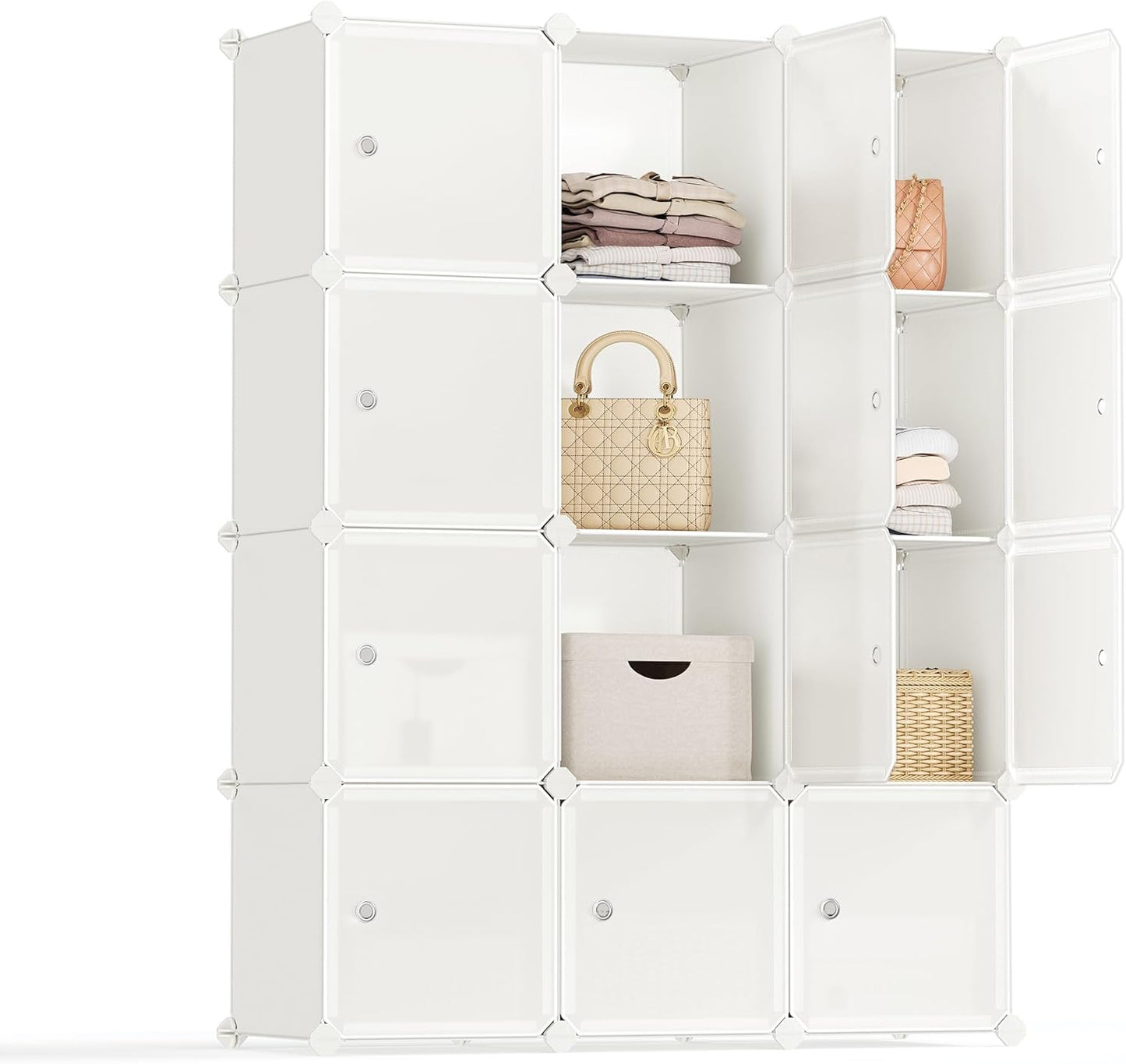 SONGMICS Cube Storage Organizer, Set of 12 Plastic Cubes, Closet Storage Shelves, DIY Plastic Closet Cabinet, Modular Bookcase, Shelving with Doors for Bedroom, Living Room, Cream White ULPC342W02