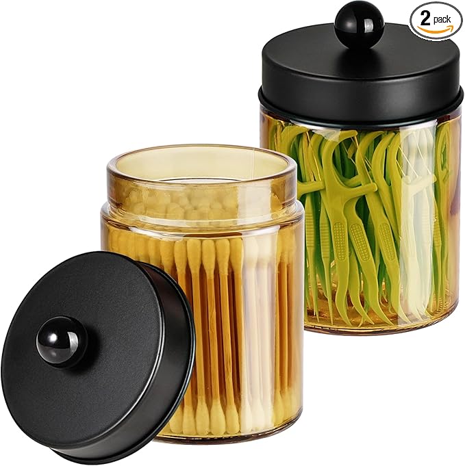 Amolliar Bronze Glass Apothecary Jar With Metal Lid & Stickers, Bathroom Qtip Dispenser Storage Canister, Perfect for Cotton Balls, Cotton Swabs, Makeup Pads, Bath Salt, Floss, 2 Pack (Black)