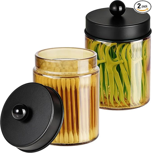 Amolliar Bronze Glass Apothecary Jar With Metal Lid & Stickers, Bathroom Qtip Dispenser Storage Canister, Perfect for Cotton Balls, Cotton Swabs, Makeup Pads, Bath Salt, Floss, 2 Pack (Black)