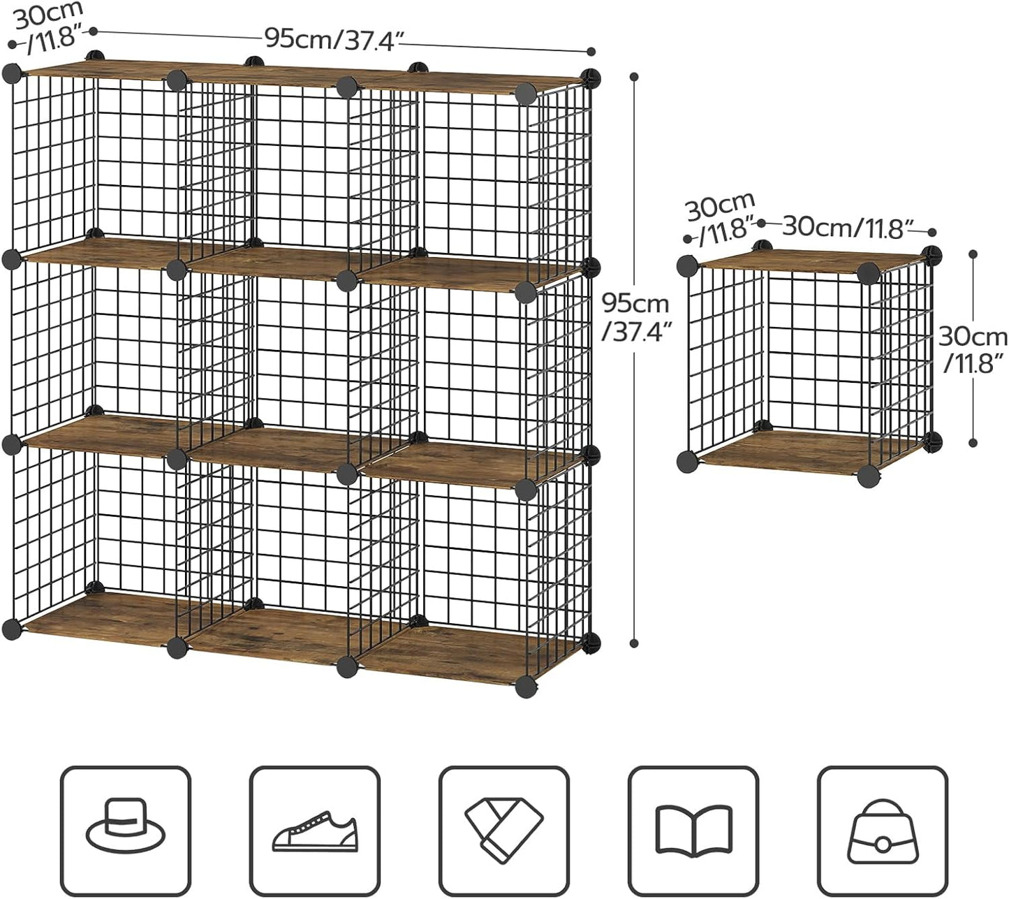 HOOBRO Cube Storage Organizer, Wire Cube Storage, 9-Cube Metal Grid Storage Shelf, Modular Cabinet, DIY Cube Storage Organizer, for Living Room, Bedroom, Study, Rustic Brown and Black BF09CW01