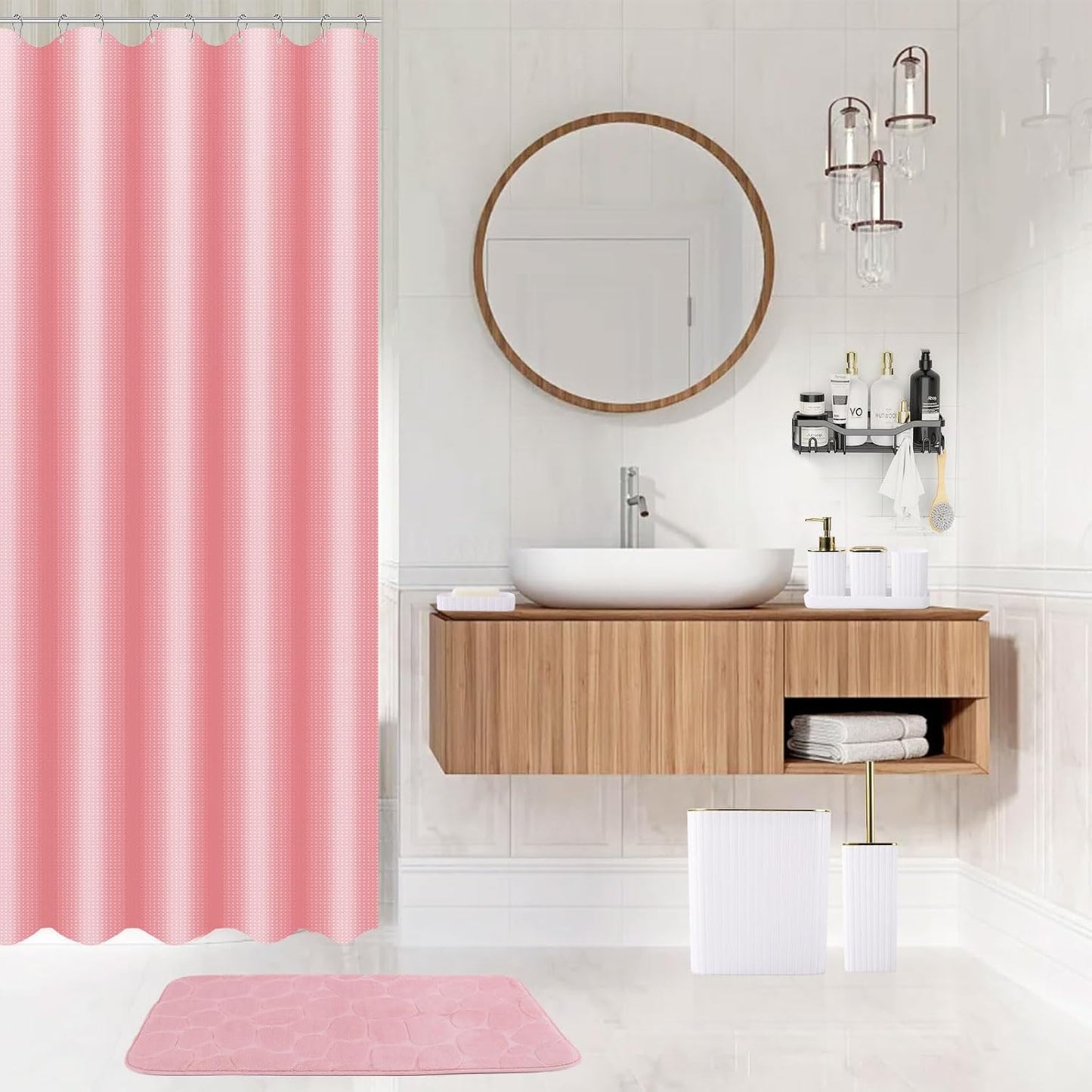 Bathroom Accessories Set - 30PC Gorgeous White Bathroom Set, Bathroom Accessory Set, Pink Shower Curtain Set with Shower Caddies, Soap Dish & Trash Can