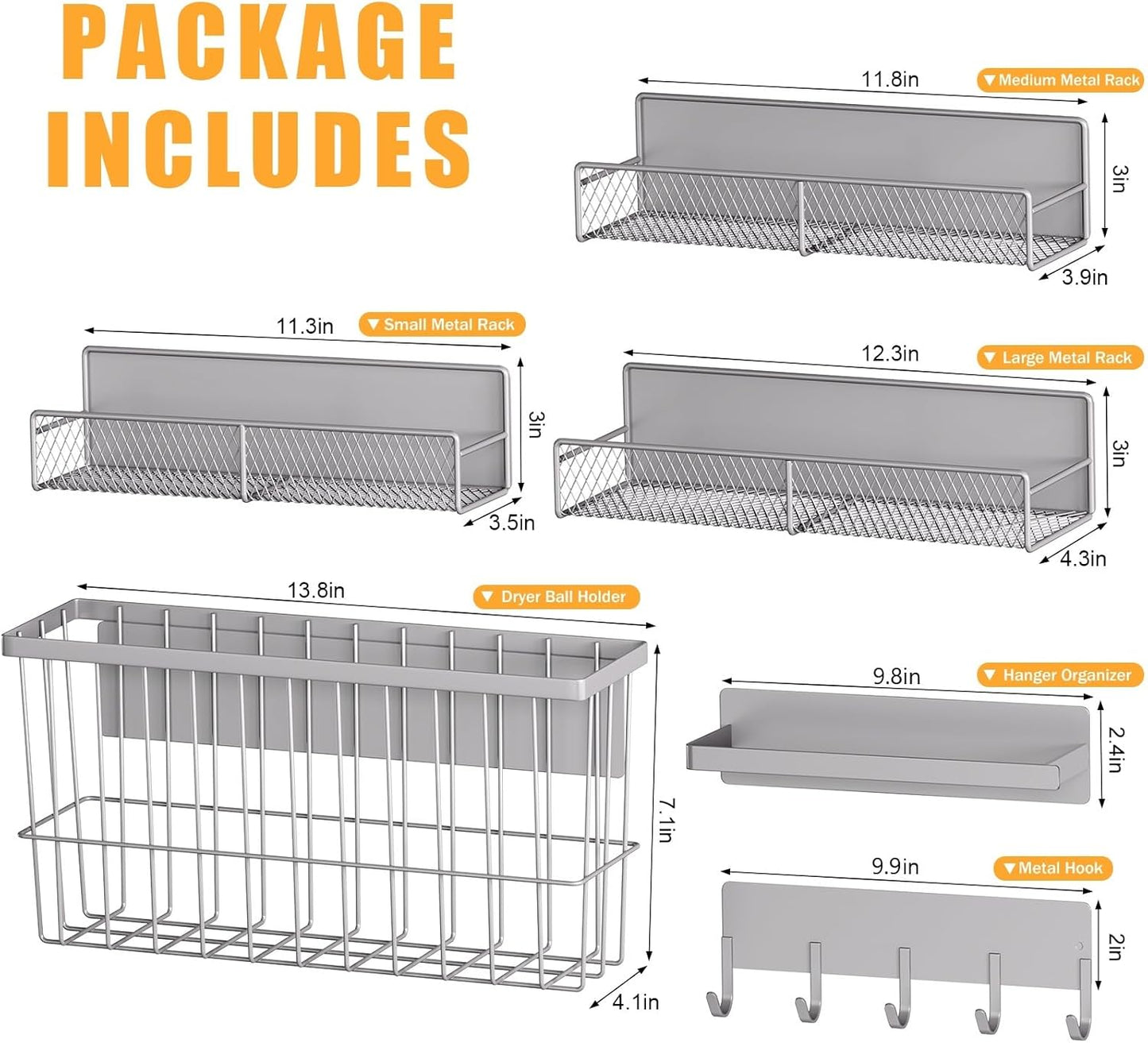 6-Pack Magnetic Shelves for Washing Machine & Refrigerator, Heavy-Duty Laundry Organizer with Hanger Holder & Deep Baskets, Metal Storage System for Laundry Room (Grey)