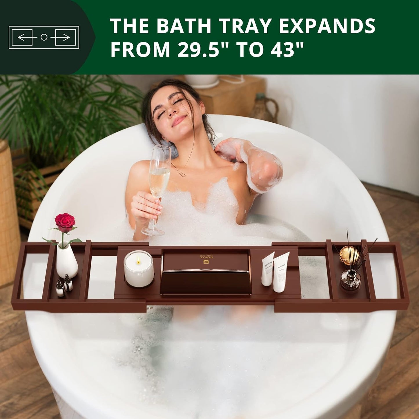 ROYAL CRAFT WOOD Non-Foldable Bathtub Tray - Wood Bath Tray for Tub, Bamboo Bathtub Shelf, Expandable Bath Table Trays, Luxury Bathroom Accessories for New Home & Unique Gift for Women