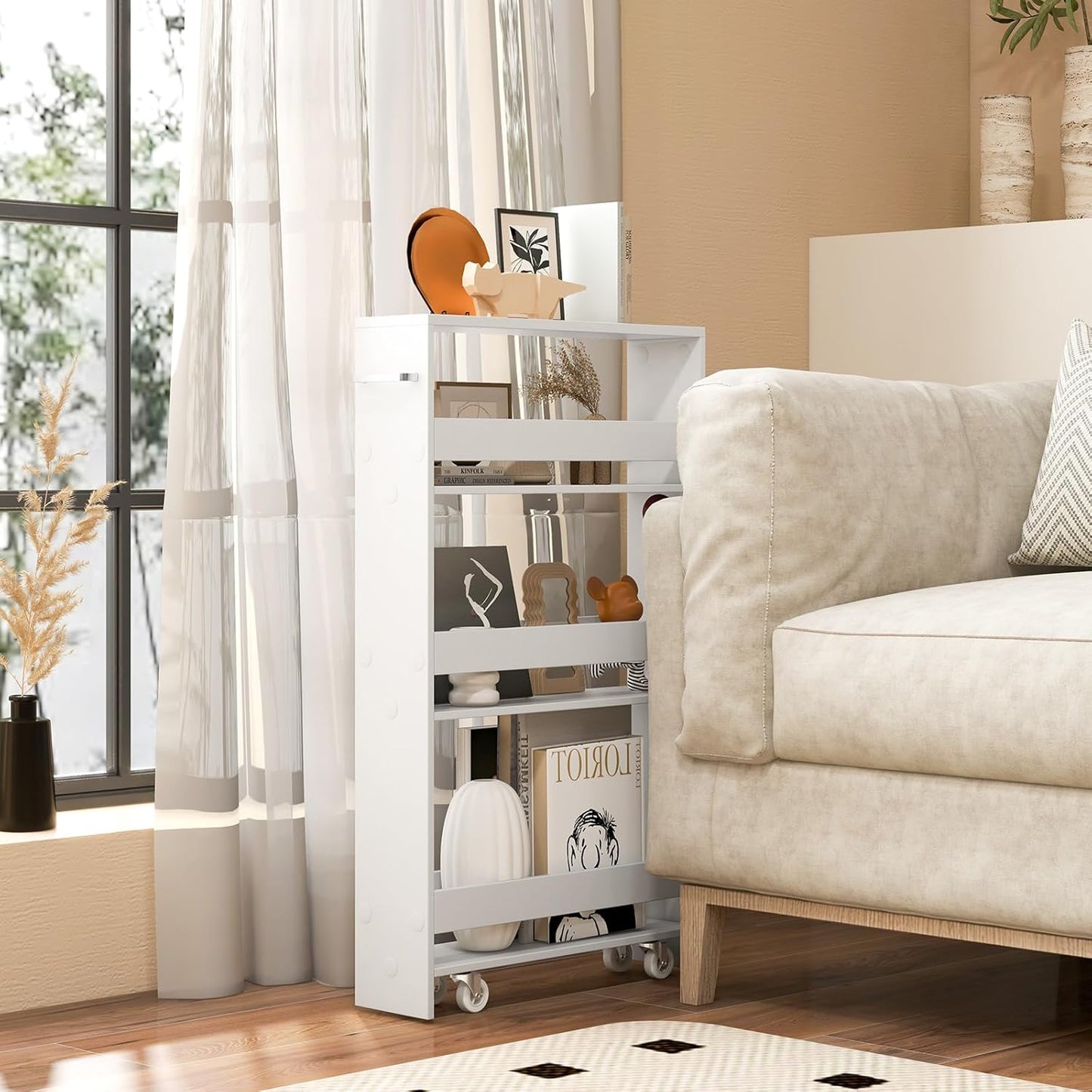 LOKO Slim Storage Cart, 4-Tier Rolling Cart with Handle & Wooden Top for Kitchen Bathroom Laundry Living Room Narrow Small Spaces, 5 Inches Width (Plain White)