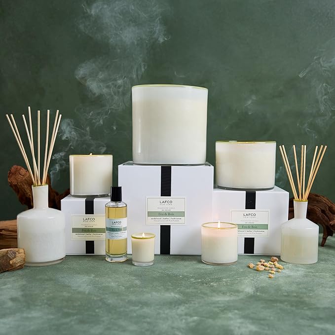 LAFCO New York Classic Reed Diffuser, Feu de Bois - 6 oz - Up to 3 Months Fragrance Life - Reusable Glass Vessel - Natural Wood Reeds - Made in The USA