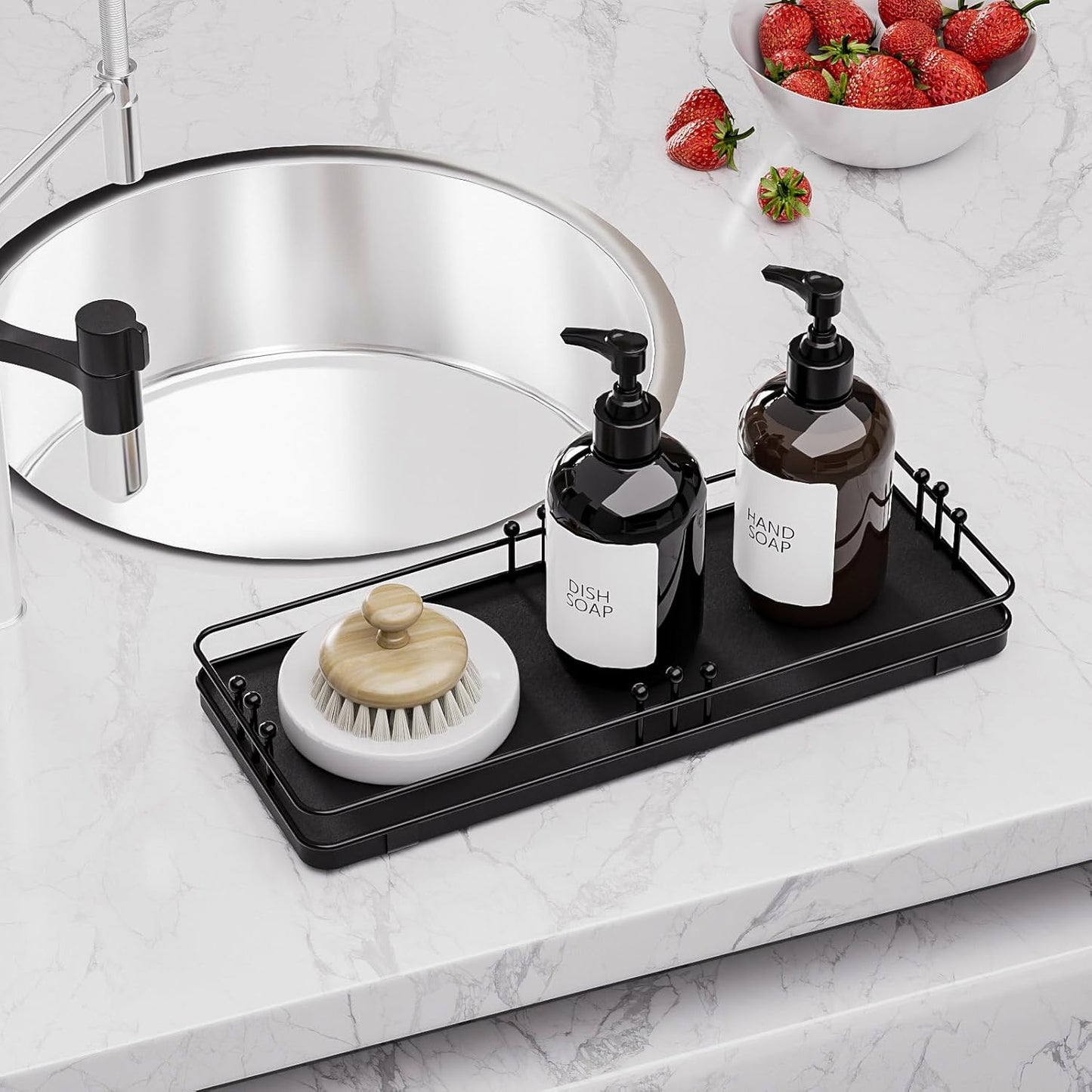 Bathroom Vanity Tray for Countertop Toiletries Perfume Makeup Soap Dispenser Toilet Tank, Kitchen Tray for Salt Spice, Black Decor Tray for Candle Nightstand Coffee 11.3”x 4.4”