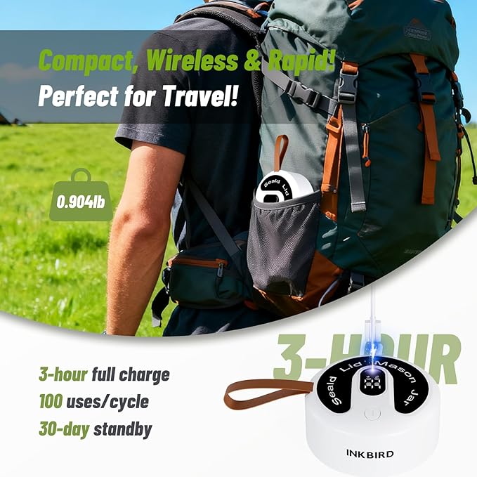 INKBIRD 2025 Upgrade 3-in-1 Electric Mason Jar Vacuum Sealer Kit for Wide/Regular Mouth Canning Jars & Bags, Wireless Portable & Automatic Jar Sealer with Reusable Mason Jar Lids*4, 100 Cycles, Gift