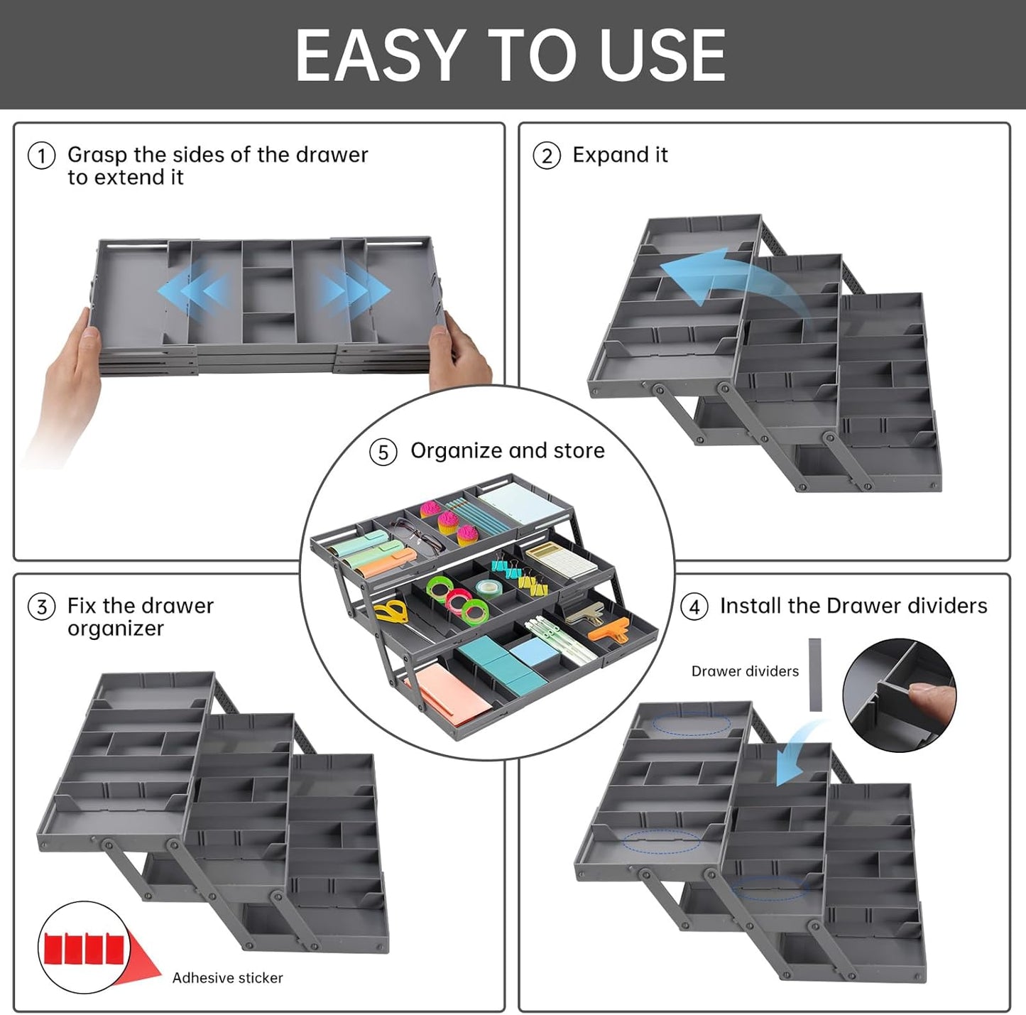 Smart Drawer Organizer Multi Level, Adjustable Folding Junk Drawer Organizer For Kitchen, Bathroom, Office, And Bedroom – Space-Saving Makeup Organizer (Grey)