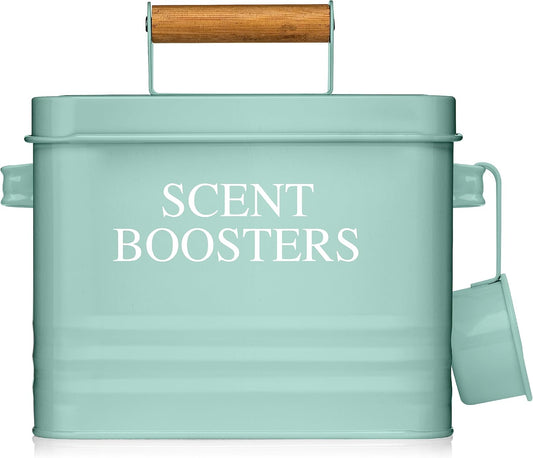 Calindiana Modern Farmhouse Metal Laundry Scent Booster Beads Dispenser Container with Scoop for Laundry Room Decor and Accessories and Space Saving Laundry Room Organization and Storage, Mint