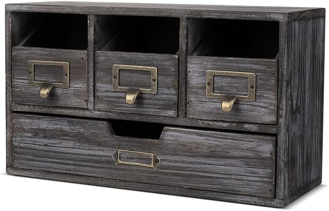Flexzion Apothecary Cabinet with 4 Drawers - Vintage Rustic Wood Desktop Organizer for Home & Office Supplies - Tabletop Wooden Storage for Catalog, Card, Jewelry, Makeup, Craft & Tools