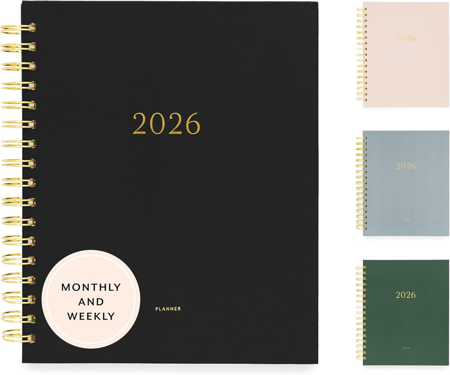 Sugar Paper 2026 Signature Spiral Planner, Weekly and Monthly, January to December, 7.5" x 9.25", Calendar for Women, Matte Paper Hardcover, Spiral Bound, Pocket for Storage,12 Month, Black