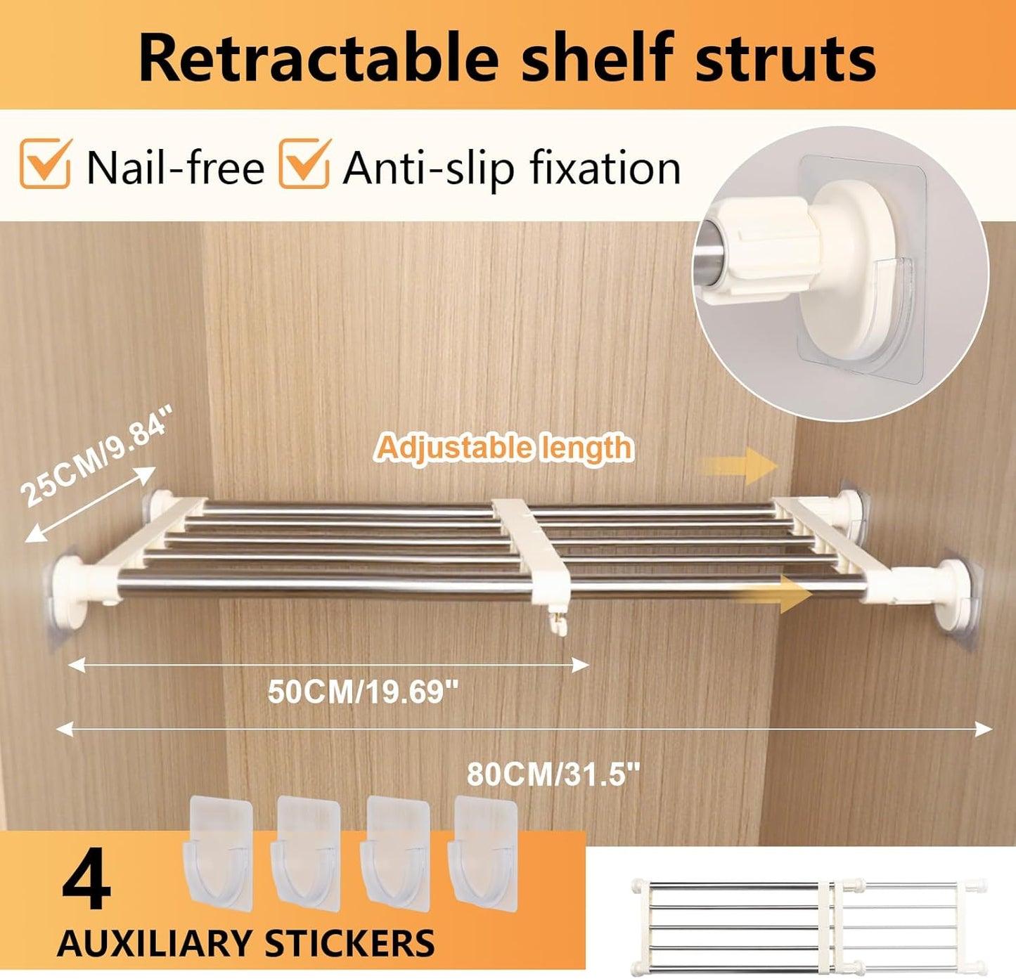 BAOYOUNI Closet Tension Shelf Rod Heavy Duty Wardrobe Organizer Adjustable Storage Shelves Rack DIY Closet Dividers Separators for Kitchen Bathroom Bedroom Garage, 19.69-31.5 Inches