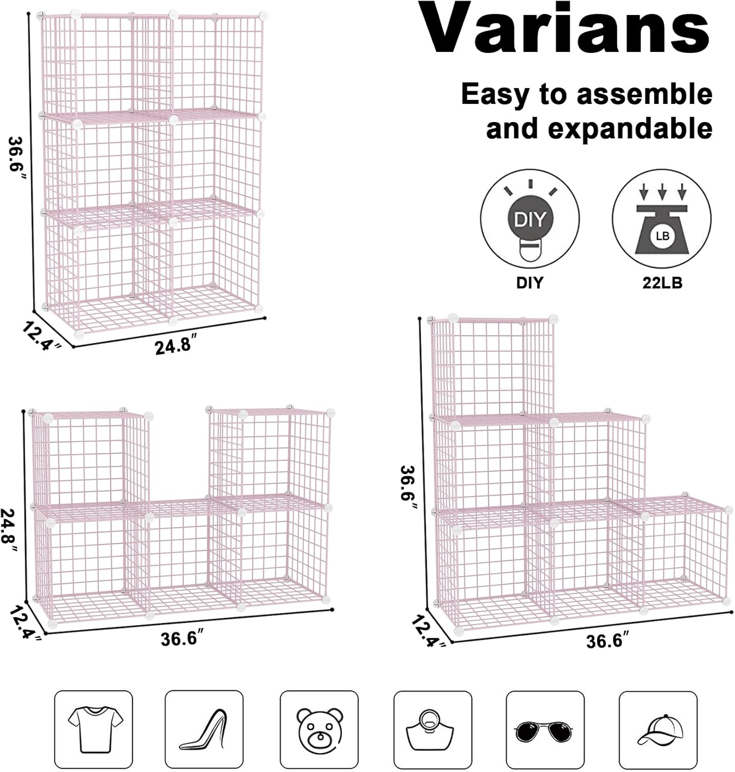 C&AHOME Wire Cube Storage, 6 - Cube Organizer Metal C Grids, Modular Shelves Units, Closet Organizer, Ideal for Home, Office, Living Room, 36.6”L x 12.4”W 36.6”H, Pink UWCS3006P