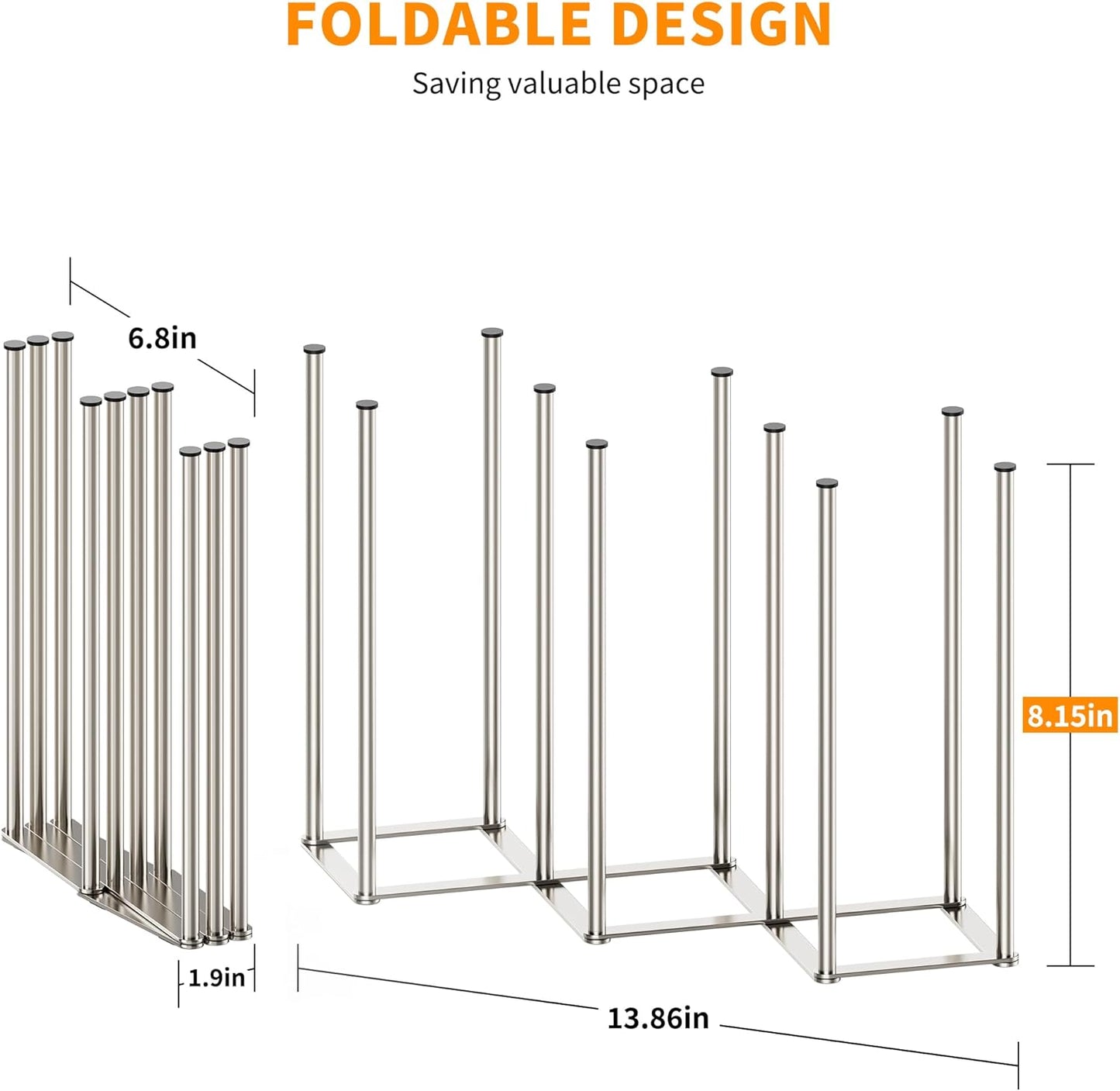 Foldable Baby Bottle Drying Rack-10 Poles Water Bottle Organizer for Cups,Travel Mugs,Silicone Bags- Collapsible Stainless Steel Bottle Rack Dryer (Silver)