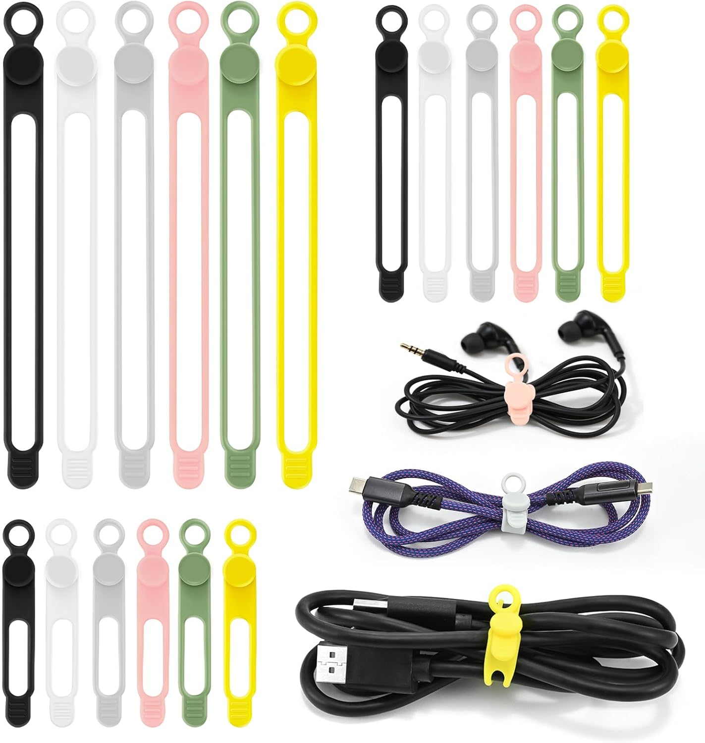 Silicone Cable Ties Reusable, Elastic Wire Organizer Ties, for Charging Cables, Electrical Cords, Computer Wires, USB Data Cable Management, Cord Organizer (6 Colors, 3 Sizes)