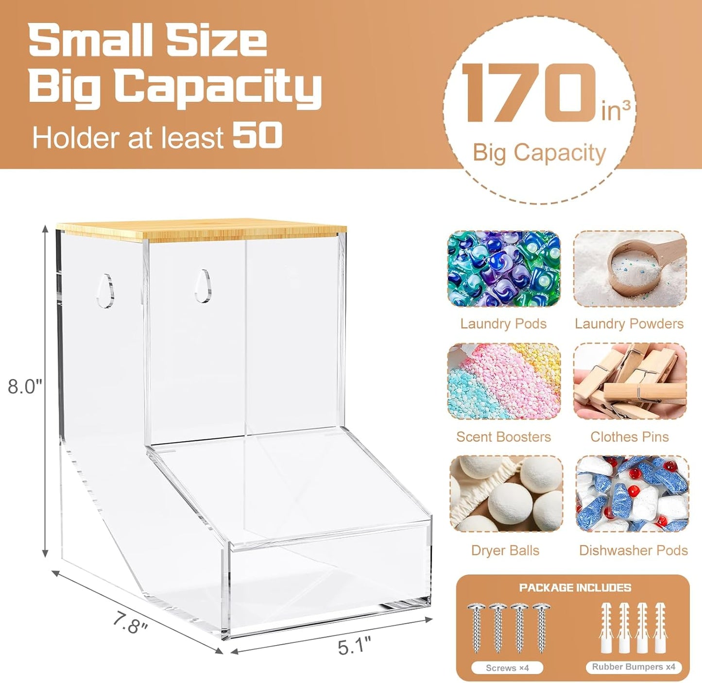 JYPS Laundry Box, Acrylic Dishwasher Pod Holder with 2 Lids, Powder Dispenser, Drying Ball, Beads, Soap Storage Case for Room Table/Wall Mounted, Snack Candy Storage (2pcs-normal)