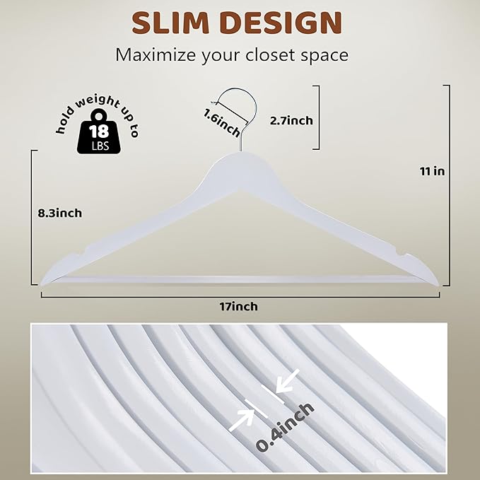 Wooden Hangers 20 Pack, Smooth Wood Hangers with 360° Swivel Hook & Notches, Slim Coat Hanger Wooden for Closet, White