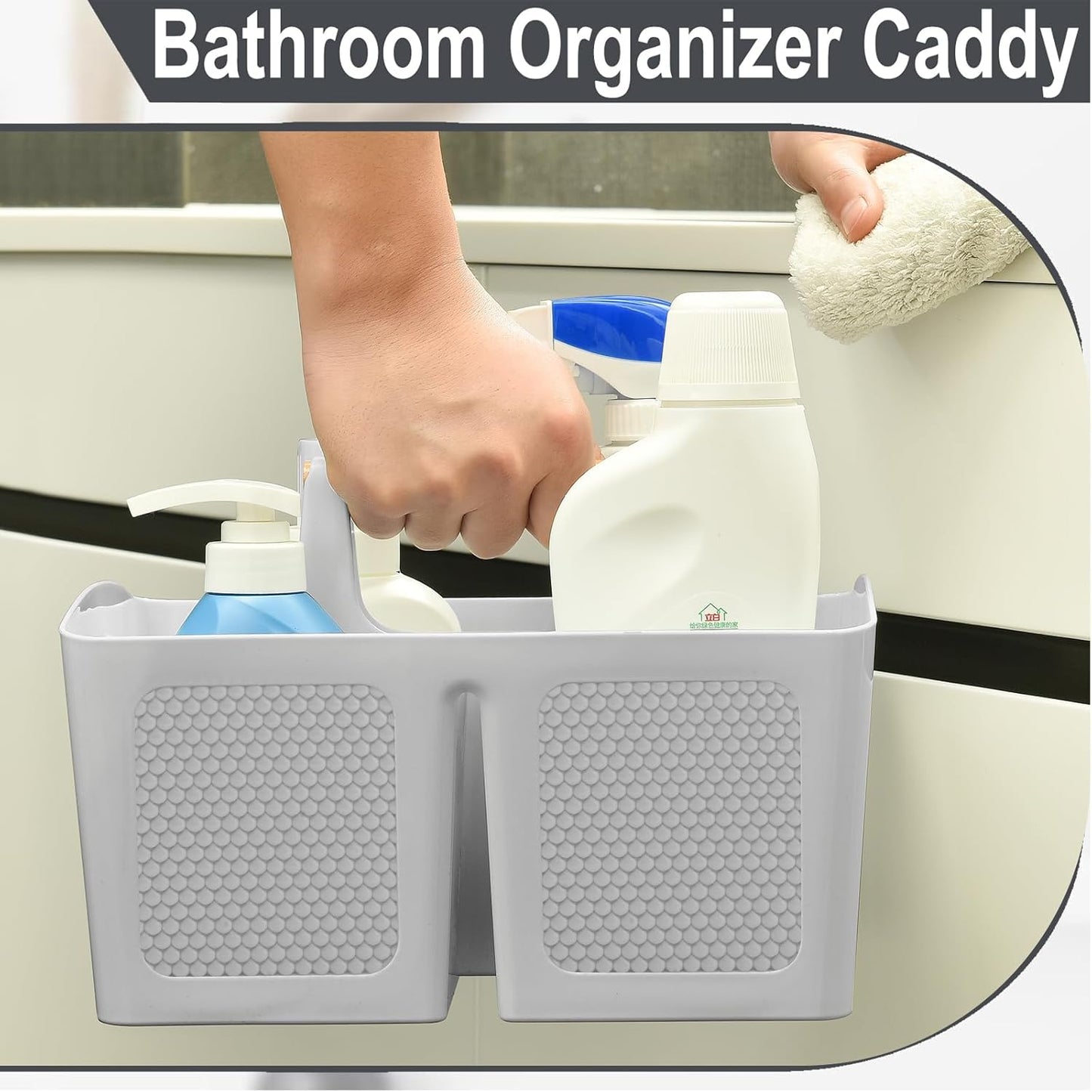 Haundry Plastic Light Gray Shower Caddy Basket with 3 Compartments, Portable Divided Bathroom Cleaning Caddy Organizer Storage Tote with Handle for Dorm, College, Room Essentials