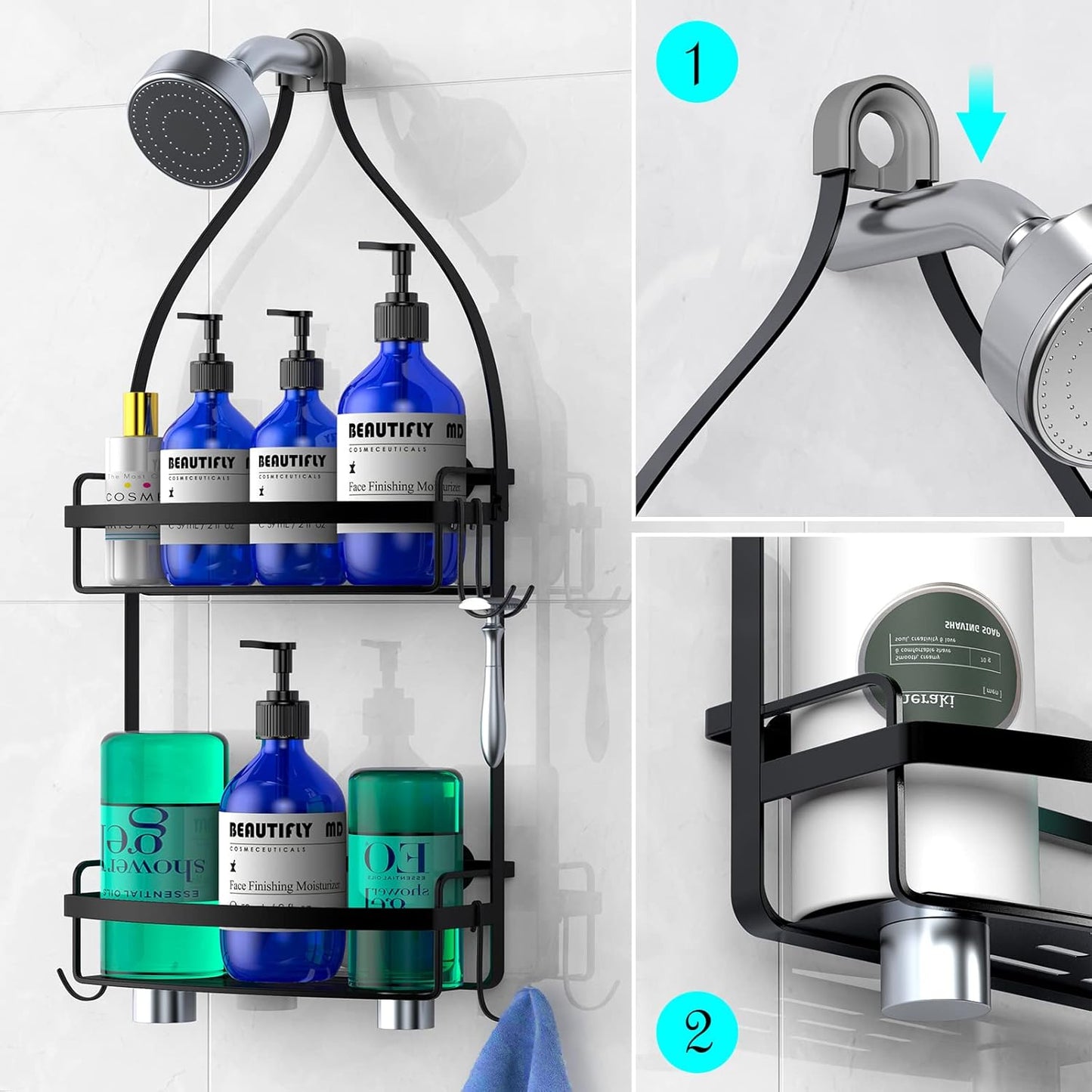 Meangood Shower Caddy Over Shower Head, Black Anti-Swing Hanging Shower Caddy with 4 Remove Hooks for Razor, Sponge, Towels Rustproof Shower Organizer for Bathroom