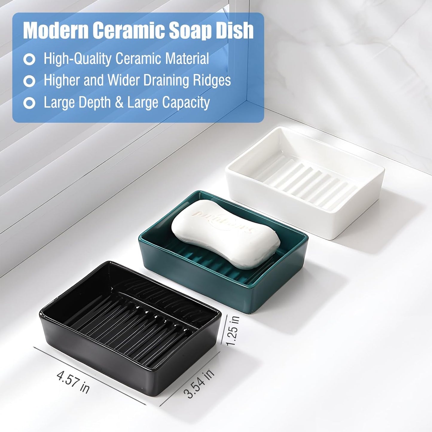 Black Ceramic Soap Dish, Minimalist Soap Holder with Higher Draining Ridges, Multi-Purpose Soap Bar Holder for Bathroom Sink, Shower, Kitchen, Easy to Clean