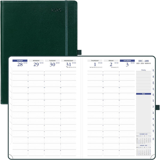 POPRUN 2026 Weekly Planner (A4 Size-8.25'' x 11.75''), 15-Minute Appointment Book (Jan 2026-Dec 2026) with Monthly Tabs, Inner Pockets, Pen Holder, PU Leather Softcover, 100GSM - Dark Green
