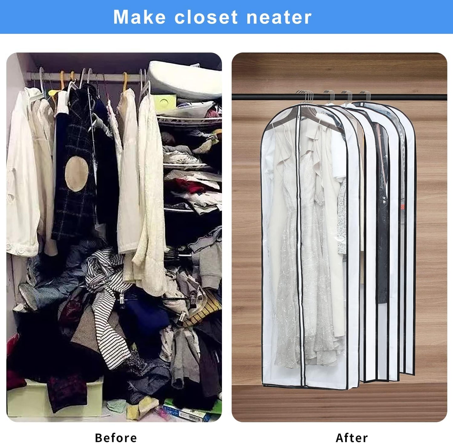 Clear Garment Storage with 4" Gusseted Hanging Covers - Durable, Transparent Protectors for Long Coats, Gowns, Dresses - 24"x 60"x 4" / 6 Pack