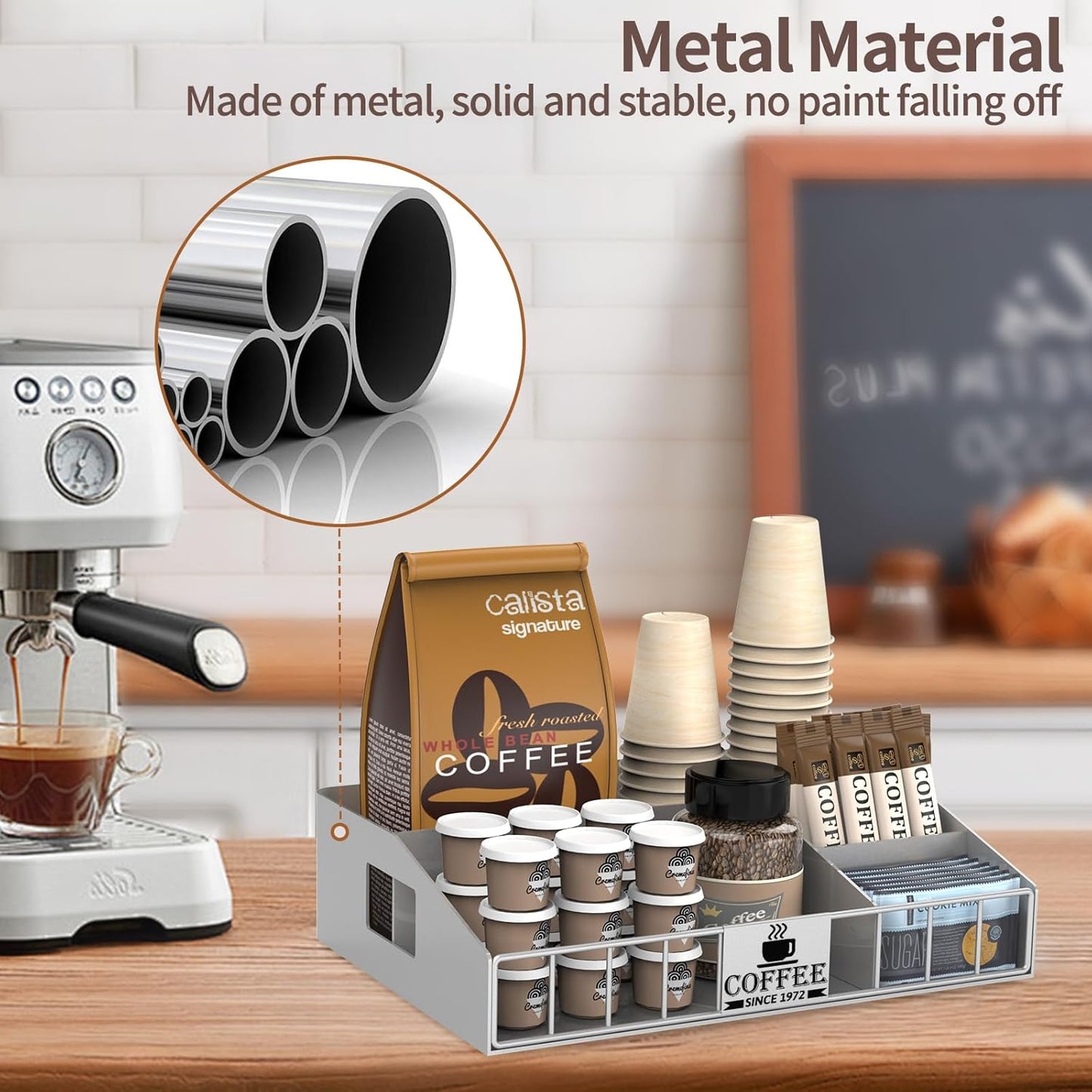Metal Coffee Station Organizer for Countertop - Coffee Bar Organizer with Designable DIY Logo, K Cup Pods Holder & Tea Condiment Storage - Rustic Breakroom Kitchen Decor in Silver （1 Pcs）